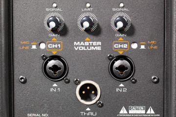 connectors and knobs of professional audio speaker