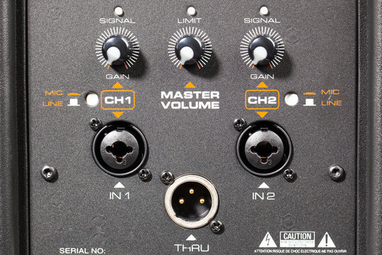 connectors and knobs of professional audio speaker