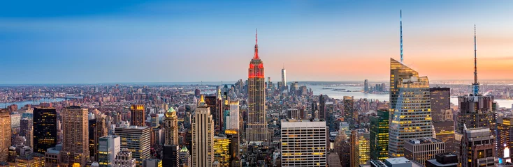 Poster New York skyline panorama bij zonsondergang © mandritoiu