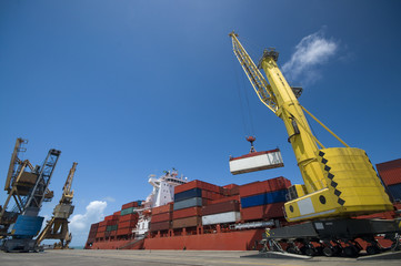 container operation in port terminal, Brazil, night