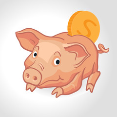 Vector realistic cartoon pig piggy bank with coin
