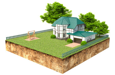 house on piece of earth with garden and trees