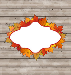 Autumn emblem with leaves maple, wooden texture