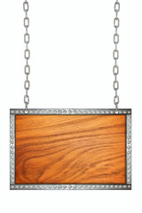 Wood signboard hanging on chains isolated