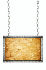 Plywood texture signboard hanging on chains isolated