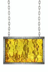 Shiny yellow gold signboard hanging on chains isolated