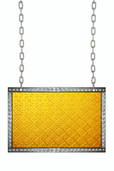 gold Stained glass signboard hanging on chains isolated