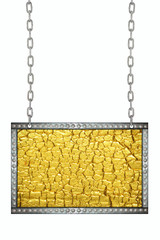 Gold foil cracked signboard hanging on chains isolated