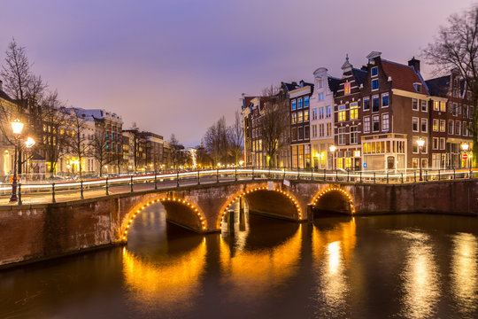 Amsterdam Canals West side at dusk Natherlands