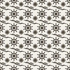 seamless pattern with compass, ship steering wheel, water, waves
