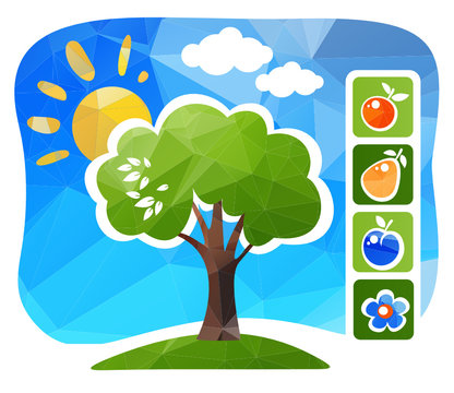 Stylized apple tree with fruits on a blue background.