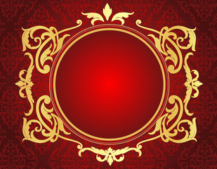 Gold frame on red damask pattern background