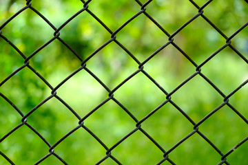 Fototapeta premium Close up iron wire fence isolated on green background