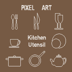 Pixel art outline kitchen utensil icons