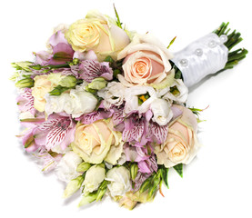 Bridal bouquet of roses and alstroemeria isolated on white