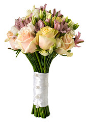 Bridal bouquet of roses and alstroemeria isolated on white