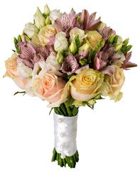 Fototapeta premium Bridal bouquet of roses and alstroemeria isolated on white
