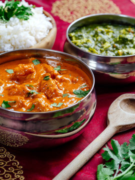 Butter chicken with rice and Saag Paneer