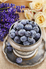 Silver bowl of blueberries