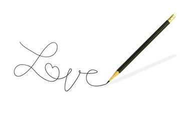 Pencil writing the word "Love" on white background