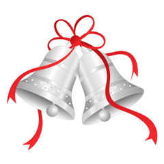 Silver bells with red ribbon bow