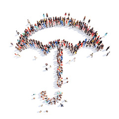 people in the form of an umbrella, a flash mob.