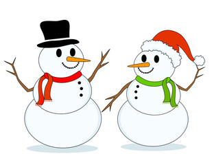 Two snowmen isolated on white