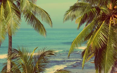 Afwasbaar Fotobehang Olijfgroen zeelandschap met palmen - vintage retrostijl