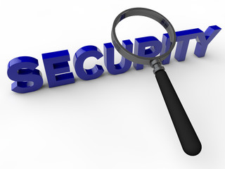 Security 3D Text with magnifier over white Background