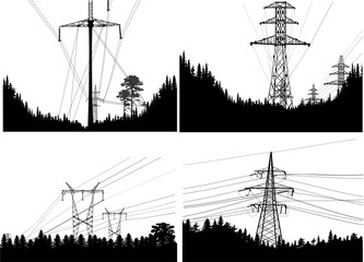 four compositions with electric power pylons in forest