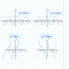 Sine, cosine, tangent, cotangent functions on notebook sheet