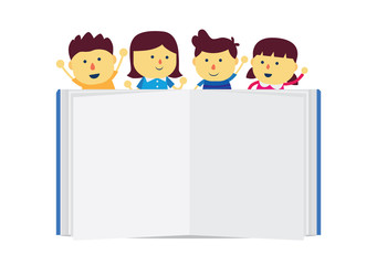 Children group happy feel stay top a book empty page