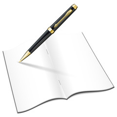 Blank open notebook with pen