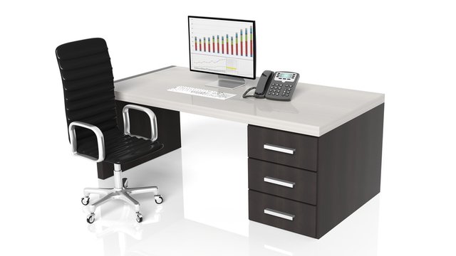 Office Desk With Equipment And Black Chair On White Background