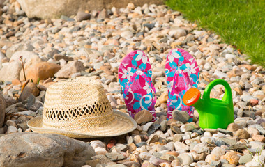 flip-flops with tropical beach background, summer accessories