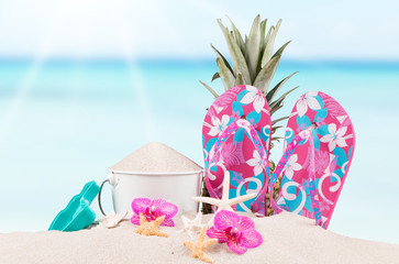 flip-flops with tropical beach background, summer accessories