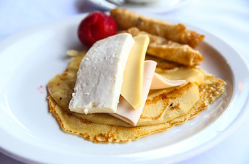 Pancake with cheese and ham