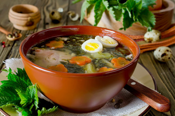 Nettle soup with eggs and carrot in the bowl on the table