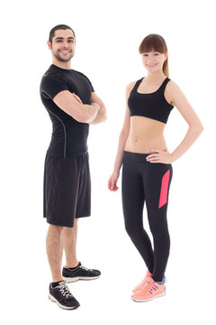 young woman and her trainer in sports wear isolated on white