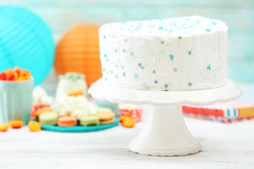 Birthday decorated cake on colorful background