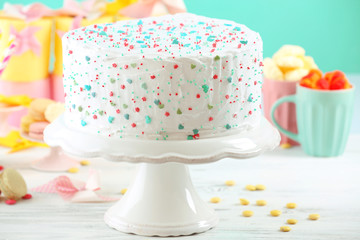 Birthday decorated cake on colorful background