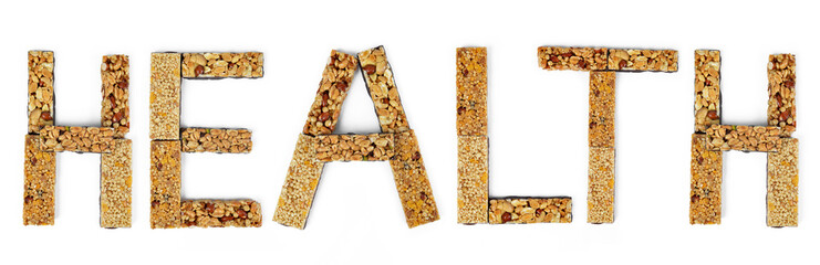 The word Health from muesli bars isolated on white background