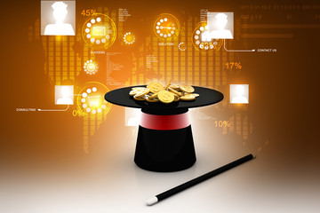 Digital  illustration of magic hat and wand with dollar coins