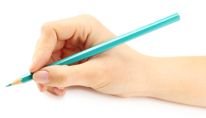 Female hand with colorful pencil isolated on white