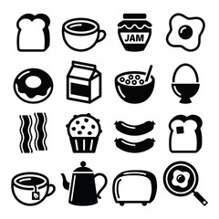 Breakfast food vector icons set - toast, eggs, bacon, coffee 
 