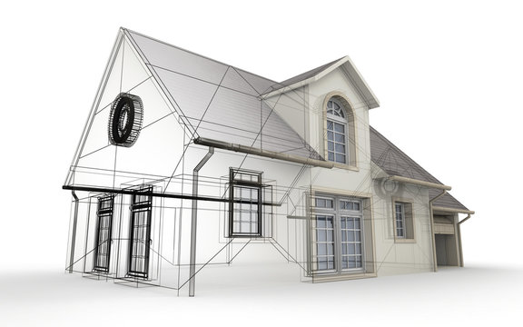 3D rendering of a house project, showing different design stages