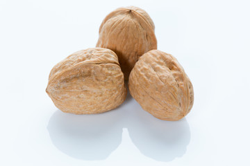 Isolated walnuts on white close up