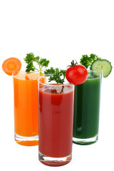 Fresh vegetable juices isolated on white