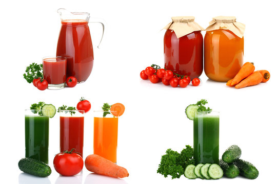 Fresh vegetable juices isolated on white. Collage.