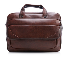 Brown leather laptop bag on a white background - obrazy, fototapety, plakaty
